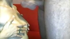 Wife with small tits blows her man and takes load on chest