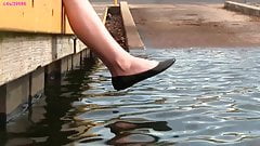 Crystal’s black ballet flats, shoeplay, barefoot, muddy