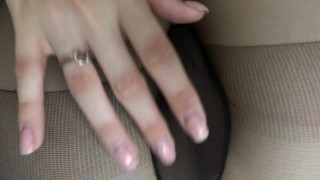 long-legged babe in pantyhose gives you a RUB with a member and cum on her legs