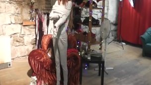 Skinny blonde wears just stockings