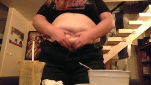 Skinny Feeder Rubs Nerdy Girls Bloated Belly