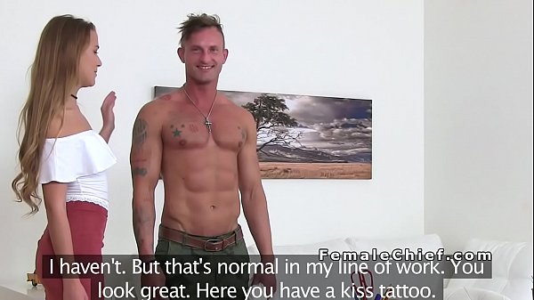 Strong chest dude bangs female agent in office