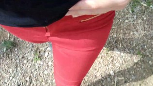 Pee on my new red jeans outdoor