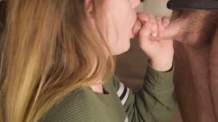 Thirsty slut drains his balls and plays with the cum in her mouth